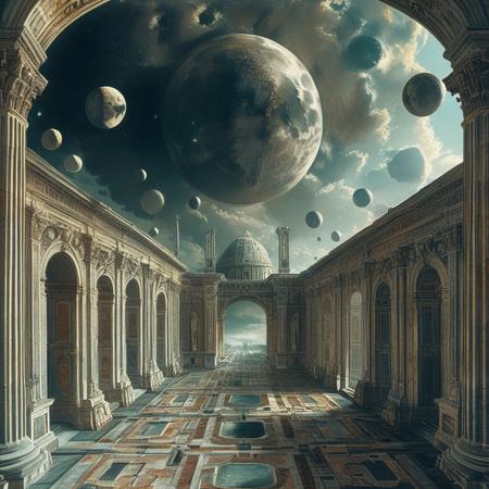 score_9, score_8_up, score_7_up, designed by Andrea Palladio, Sci-fi metropolis, busy streets, alien world, multiple moons, concept art, detailed, masterpiece