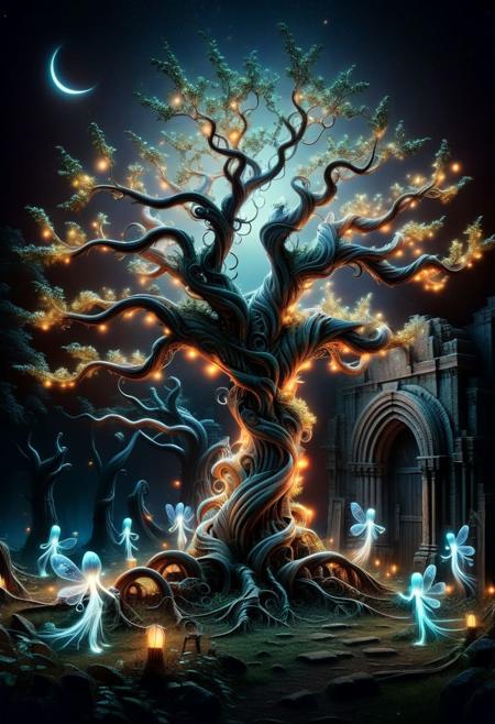 RAW photo, award winning photo of a recently discovered giant magical tree with gnarly trunk, surrounded by fireflies fairies and pixies, night time, awe-inspiring, enchanted vibe, <lora:ral-mtclniscp-sdxl:1> ral-mtclniscp,