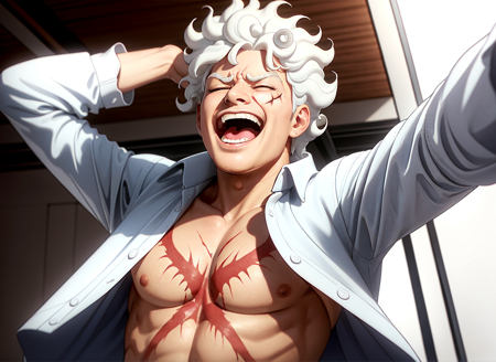 masterpiece, (photorealistic:1.4), best quality, beautiful lighting,
gear fifth, monkey d. luffy, 1boy, arms up, closed eyes, curly eyebrows,  white hair, facing viewer, foreshortening, laughing, long sleeves, male focus, medium hair, messy hair, motion lines, open clothes, open mouth, open shirt, studio, pectorals, scar, scar on cheek, scar on chest, scar on face, shirt, solo, steam, teeth, toned, toned male, upper body, white shirt,  thick eyebrows,  white eyebrows,
RAW photo, 8k uhd, film grain   <lora:gear_fifth_offset:0.8>