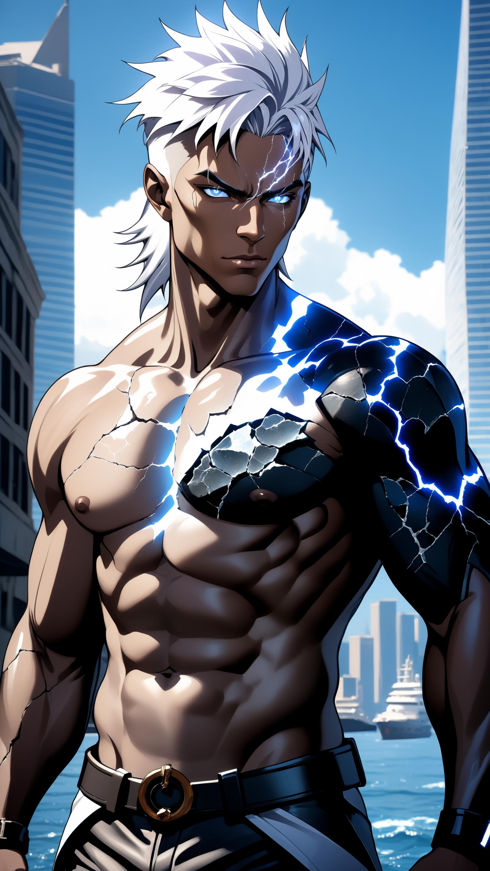 A shirtless man with blue eyes and a cracked arm, standing in front of a cityscape.