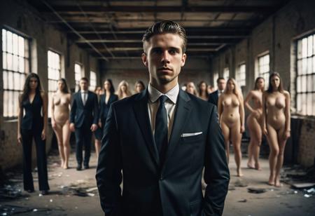 Surreal art print photograph. Abandoned warehouse space with dark surreal lighting. 
A man in a business suit stands in the midground. His face is an indistinguishable blur but his body is shalt on focus. Bokeh effect, man in suit in focus.  
He is surrounded by beautiful nude women.  They stand with hands behind backs submissively. All are beautiful and realistic.