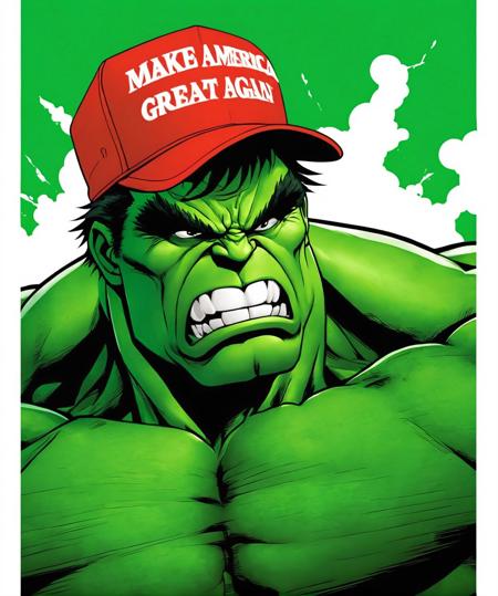 man wearing red maga hat, upper body, anime cartoon illustration, comics style, green hulk in rage , professional, photo, high quality, highres, ([:hat with text "make america great again":0.25]:1.1),
 <lora:maga_hat_1-000140:0.95>