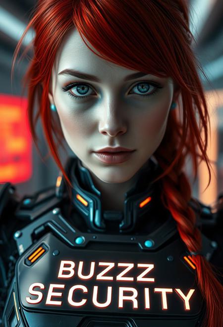 A close up cinematic shot of a female cyborg, RED HAIR, blue eyes, wearing robotic chest bereastplate, looking at the viewer, the word “BUZZ SECURITY” is written on the chestplate in glowing letters, extreme quality, best details, hkstyle, futurisitc labb in background
