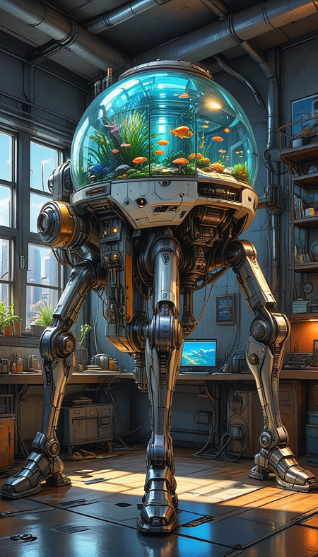 (cel-shading:2)+, (in ARTIST style:1.6), (masterpiece:1.7), hyperrealism, glossy, shinny,
clear image, accurate picture, clear picture, precise image, focused image, Science fiction style, Science fiction,
(cozy comfy living space) on mechanical legs, science fiction, aquarium on mechanical legs focus, cyberpunk city street background, mecha,
comic style, (ultra sharp focus:2), (thin lines:2),
 <lora:Apparatus_-_Traction_City_Walkers_Vehicles:0.8>,