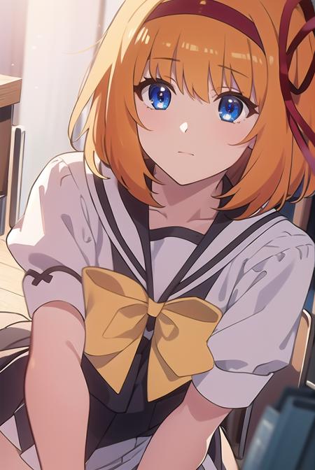 kaedefuyou, <lyco:kaedefuyou-LYCORIStest:1>,
kaede fuyou, short hair, orange hair, hair ribbon, hairband, blue eyes,
BREAK skirt, bow, ribbon, school uniform, short sleeves, pleated skirt, serafuku, socks, puffy sleeves, bowtie, puffy short sleeves, black socks, yellow bow, yellow bowtie,
BREAK looking at viewer,
BREAK indoors, classroom, 
BREAK <lora:GoodHands-vanilla:1>, (masterpiece:1.2), best quality, high resolution, unity 8k wallpaper, (illustration:0.8), (beautiful detailed eyes:1.6), extremely detailed face, perfect lighting, extremely detailed CG, (perfect hands, perfect anatomy),