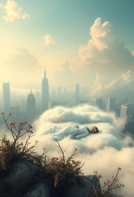 Create a surreal, dreamlike scene of a city that has been abandoned and reclaimed by nature. In the center of the image, a lone figure lies sleeping on a bed of soft, white clouds, surrounded by a halo of soft, pulsing light. The figure is dressed in a flowing, white gown, and their face is serene and peaceful. The city is made up of fragments of memories and emotions, and the mist is filled with the whispers of forgotten thoughts and desires. The figure is the embodiment of the city's collective unconscious, and the city is dreaming. Style: surreal, dreamlike, mystical. Colors: soft, pastel, glowing. Highest-Quality, 4k