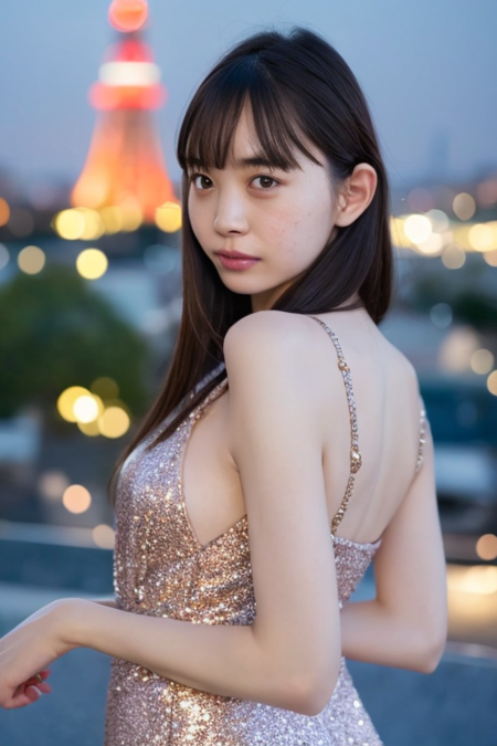 1girl wearing a glittery dress,in front of Tokyo Tower,(RAW photo, best quality), (realistic, photo-realistic:1.4), masterpiece, an extremely delicate and beautiful, extremely detailed, 2k wallpaper, Amazing, finely detail, extremely detailed CG unity 8k wallpaper, ultra-detailed, highres, soft light, beautiful detailed girl, extremely detailed eyes and face, beautiful detailed nose, beautiful detailed eyes,perfect anatomy,soft light,slender body,standing,city lights at night