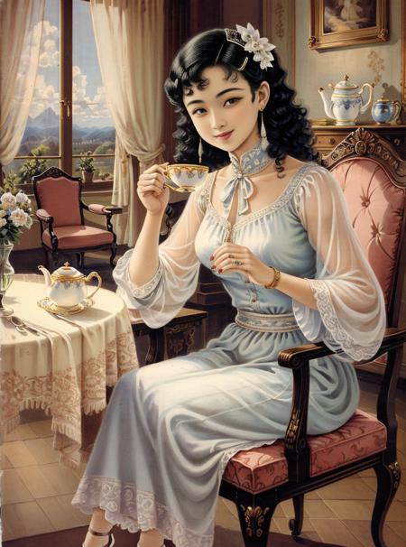 (masterpiece,best quality),vintage poster,
1girl,holding cup,hair ornament, jewelry, teacup, sitting, earrings, hairclip, solo, black hair, curtains, chair,indoors, teapot, bracelet, table, window, smile, sandals, nail polish,(beautiful detailed face), (beautiful detailed eyes), <lora:rugu_v3:0.88>