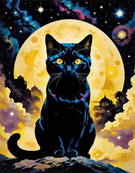 a black female cat with light yellow eyes <lora:SDXLStencilStyleFAE:0.8> stencil style,  movie poster, beautiful colors, nebula, high quality