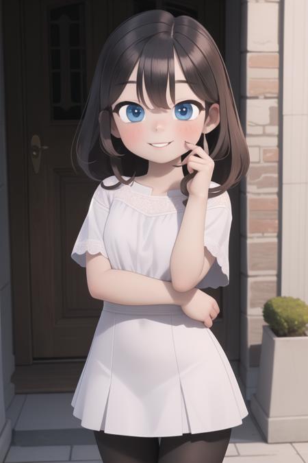 <lora:KoalaEngine:1> KoalaEngine, 1girl, solo, masterpiece; looking at viewer, blushing, shy smile; , brown hair, blue eyes, white dress, black pantyhose