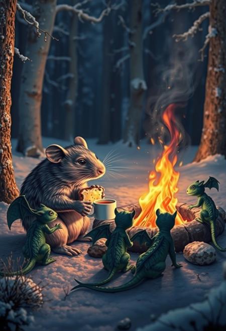 A surrealistic big rat sitting nearby  a  big campfire and  eating a sandwich with cheese  and holding a cup of tea, sitting with a group of little green dragons with dark green wings , with details, snow, snowy night, winter forest, vivid colors, details seen under an electron scanning microscope