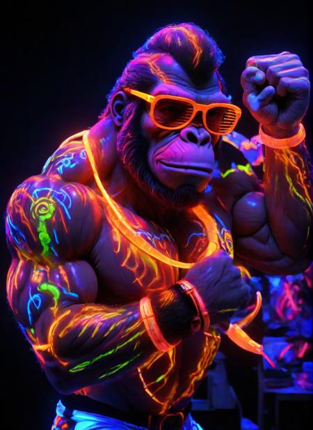 <lora:PE_NeonUV Style:0.9> PENeonUV, blacklight, neon,
donkey kong flexing his muscles, wearing neon sunglasses, glowing, energy trails,
masterpiece, high resolution, octance 4k, high detail,