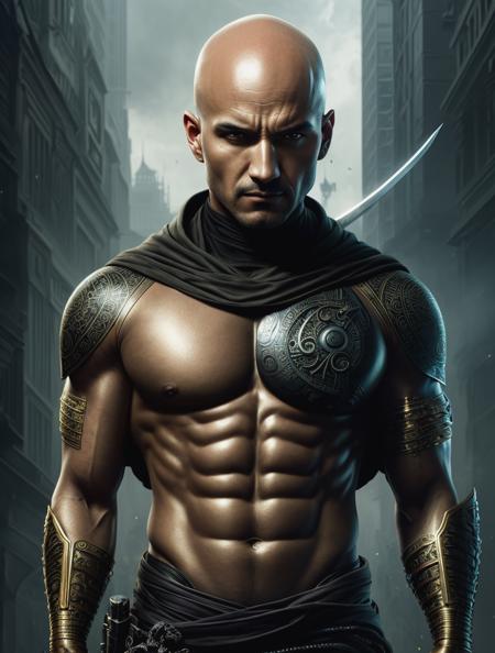 ultra detailed artistic photography, A man with bald and black eyes, a ninja, carries a sword, tattoo, glimmer, shadows, oil on canvas, brush strokes, smooth, ultra high definition, 8k, unreal engine 5, ultra sharp focus, art by alberto seveso, artgerm, loish, sf, intricate artwork masterpiece, ominous, matte painting movie poster, golden ratio, trending on cgsociety, intricate, epic, trending on artstation, by artgerm, h. r. giger and beksinski, highly detailed, vibrant, production cinematic character render, ultra high quality model