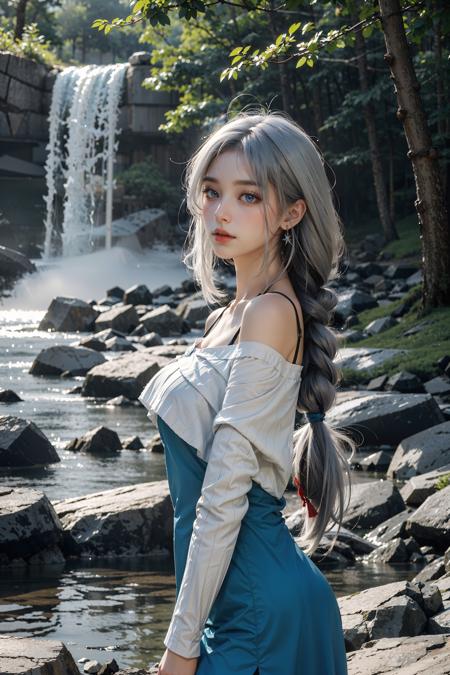 <lora:ShenHe_TongRen:0.65>,shenhe_genshin,1girl, (white hair, long hair), blue eyes,hair ornament, white short shirt, long sleeves, off shoulder, blue long dress, standing, looking at viewer, (shy), upper body, (cowboy shot,realistic, photorealistic), (masterpiece, best quality, high quality), (colorful),(delicate eyes and face), volumatic light, ray tracing, extremely detailed CG unity 8k wallpaper, outdoors, forest, sunshine, waterfall,