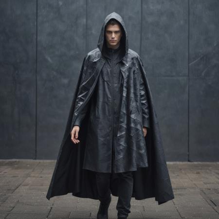 ((multiple views)), exquisite high fashion photography, showcasing a tech-noir, scifi fashion concept, segmented 'smart'-tech cloak, in various weather conditions ((multiple views)), demonstrating its automatic self-adjusting retractable capability. The cloak adapts to the environment, resizing itself without any loss of comfort or extra fabric: on a hot sunny summer's day, it appears shorter in length, while on a cold winter morning, it extends to provide warmth, and in the rain, a retractable hood. The material, composed of a hypothetical hyper-carbon lattice, features a highly reflective, graphite color and hydrophobic properties, making it feel almost slippery to the touch. The photographs highlight the cloak's versatility, showcasing its ability to automatically reorganize its structure to the wearer's needs, manipulating principles of topological quantum field theory, to compress its structural properties in accordance with whatever weather conditions are in effect.