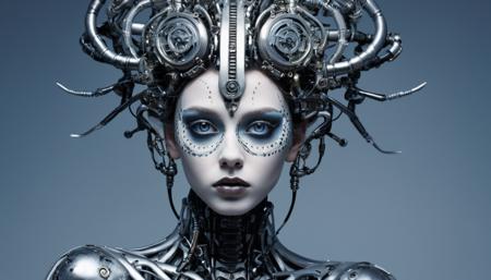 biomechanical style, full body photo of a 18yo girl, heavy make up, well-litt, , model face, by tim burton,
blend of organic and mechanical elements, futuristic, cybernetic, detailed, intricate

