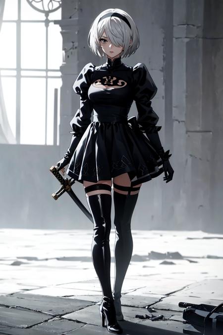 2B, 1girl, solo, short hair, thighhighs, gloves, long sleeves, dress, holding, cleavage, medium breasts, standing, full body, weapon, white hair, hairband, boots, puffy sleeves, sword, black thighhighs, black footwear, holding weapon, mole, black dress, high heels, leotard, clothing cutout, thigh boots, holding sword, cleavage cutout, katana, black hairband, juliet sleeves, mole under mouth, facing viewer, high heel boots, blindfold, covered eyes, black blindfold, feather-trimmed sleeves, masterpiece, <lora:2B:1>