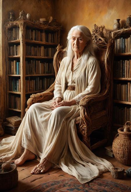 score_9, score_8_up, score_7_up, score_6_up, morph-treeroots A serene portrait of a wise old Vulcan woman with flowing white hair, her face etched with the wisdom of a lifetime. She is sitting in a cozy armchair, surrounded by books and artifacts from her travels. The room is filled with soft, natural light, creating a sense of peace and tranquility. The style is a blend of classical portraiture and impressionism, reminiscent of the works of John Singer Sargent and Mary Cassatt, with a color palette of warm earth tones, daylight, best artist, best shadows, best lighting, best textures, best contrast, epic background, portrait, sfw, pg