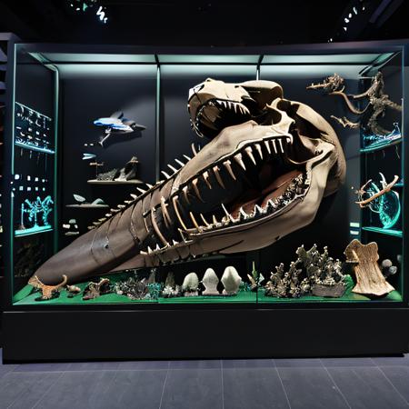 antixdisplay, megalodon skeleton in a glass box display, 8k uhd, 4k intricate complex highly detailed, ray traced