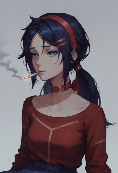 <lora:Mita:0.75>, dark blue eyes, dark blue hair, braids hair, red hairband, choker, red sweater, blue skirt, hair ornament