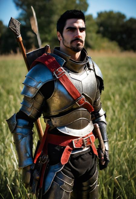 bdo_warrior, short black hair, facial hair, thick eyebrows, red eyes, photograph, portrait, front view,  Trailblazer outfit, brown armor, belt over chest, sunny day, field of grass