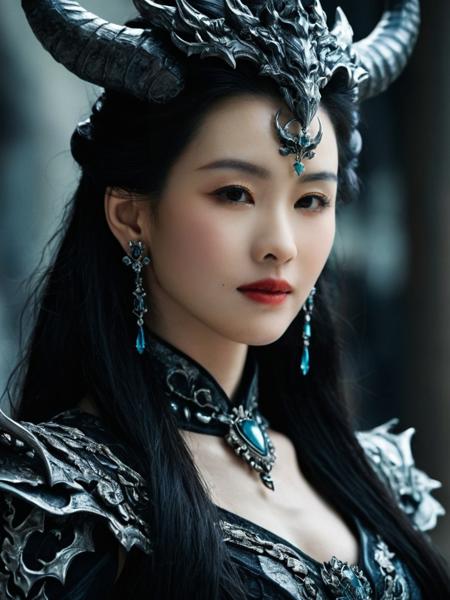 realistic, Skin Textures, High Resolution, Cinematic,long shot, chenduling woman,jewelry,earrings,stunning beautiful, , arrogant, in a demon costume,stunning beautiful, face, trending on deviantart, Hades Perkinson, Raymond Swanland<lora:cdl2_ej_JuggXL_1:0.6>
