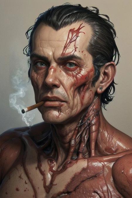 fleshy meat gory gore visceral high quality insane detailed 
goopy vincent di fate norman rockwell portrait of a man smoking a cigarette highly visceral viscera gory gore technology cyborg augmentations biopunk biomechanical