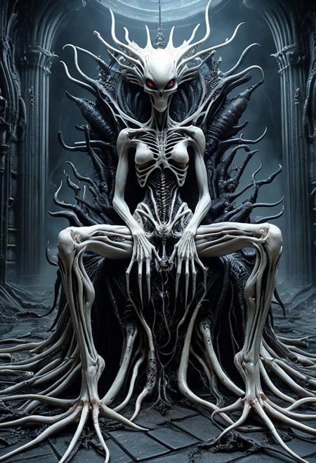 lazypos, masterpiece, best quality, amazing quality, very aesthetic, absurdres, DonMX3n0XL, organic, eerie, an alien queen sits on a throne made of sentient bone and brain matter, walls breathe softly, floor writhes with vein-like roots, atmosphere electric and oppressive