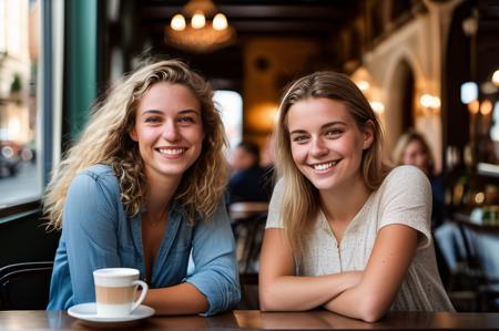 In an endearing close-up photograph, two close young european woman, with radiant smiles and sparkling eyes, sitting in a cafe and looking directly at the viewer. The genuine bond between them is evident in their warm expressions. The background, beautifully blurred through a high depth of field, accentuates the focus on their heartfelt connection. Captured in a Photographic style with a 50mm prime lens, ensuring exquisite facial details and a natural perspective that brings out the authenticity of their friendship. (two european woman faces <lora:faces_v1:0.7>)