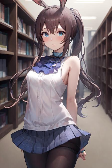 amiya, 1girl, animal ears, pantyhose, long hair, rabbit ears, blue eyes, brown hair, sleeveless, shirt, blue skirt, looking at viewer, white shirt, in library, sleeveless shirt, blush, ring, jewelry, black pantyhose, small breasts, bare shoulders, ponytail, very long hair, ascot, cowboy shot, pleated skirt, hair between eyes, miniskirt, bangs, blue ascot, multiple rings, plaid, arm behind back, plaid skirt, medium breasts, parted lips, thighlet, closed mouth, sidelocks, blush
(masterpiece, best quality, 8k wallpaper:1.2), ultra detailed, path_tracing, highest quality, best shadow, best illustration, ultra high resolution, highly detailed CG unified 8K wallpapers
<lora:amiya:1.0>