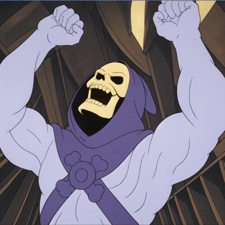 a photo of skeletor skeletor, with his arms raised up, laughing, inside a library, dynamic lighting, clouds