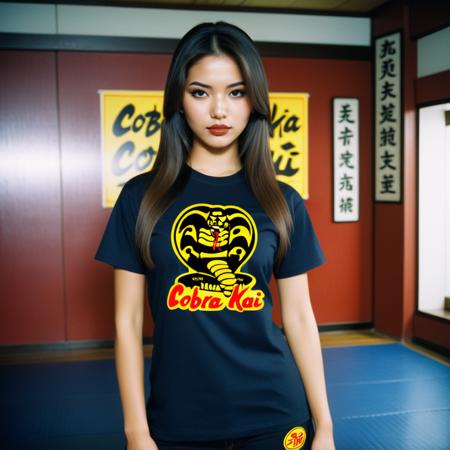 analog film photo Ultra quality, ultra defined textures and colors, full body shot,1girl, Maria Perez, long hair, big eyes, beautiful lips, extreme face makeup, short sleeves, wearing a cobra kai, black t-shirt logo, background a karate dojo, japanese decorations,  <lora:Cobra Kai- tshirt - SDXL1.0:1> . faded film, desaturated, 35mm photo, grainy, vignette, vintage, Kodachrome, Lomography, stained, highly detailed, found footage