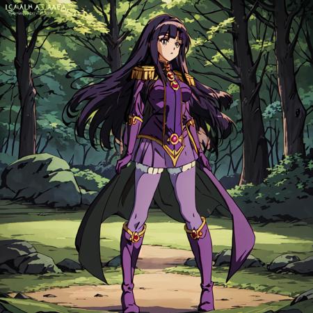 <lora:Sylphiel_Nels_Lahda-10:1>outdoor,forest,Masterpeace,high quality,Sylphiel_Nels_Lahda, 1girl, solo, long hair, black hair, holding, standing, full body, pantyhose, cape, knee boots, purple gloves, purple footwear,hands on hips,epaulettes,blunt bangs,green eyes