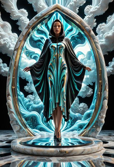 Iridescent Reflections: The Mirror Architect,
a futuristic cloaked architect standing on a platform made of swirling glass-marble, glowing liquid lines trailing from fingertips as they mold suspended fractal patterns, reflective sky of molten clouds above, marble aesthetic blending with digital abstraction,
 liquid marble aesthetic, best_quality, masterpiece, absurdres, highres, subject_focus, depth_of_field, very_detailed, extremely_detailed, ultra_detailed, sharp_focus, intricate detail, cinematic lighting, surreal atmosphere, art deco fusion, concept art style