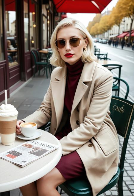 rating_safe, breathtaking detailed, masterpiece, absurdres, awe-inspiring, best quality, vibrant colors, (platinum blonde woman, sharp cheekbones and red lips), BREAK (sitting at a sidewalk café table), (elegant posture with legs crossed), (wearing a tan wool coat over a burgundy turtleneck), gold hoop earrings, (sipping a cappuccino from a ceramic cup), BREAK (small round café table with croissant, newspaper, and sunglasses), (historic European street background), BREAK (afternoon light casting soft glow), (fall leaves on the pavement), (calm and thoughtful expression), (warm muted color palette), fashion editorial style     <lora:sdxl_Lumiya_SDXL.safetensors:0.8:0.8> <lora:sdxl_crazywhatever-style.safetensors:0.4:0.4>