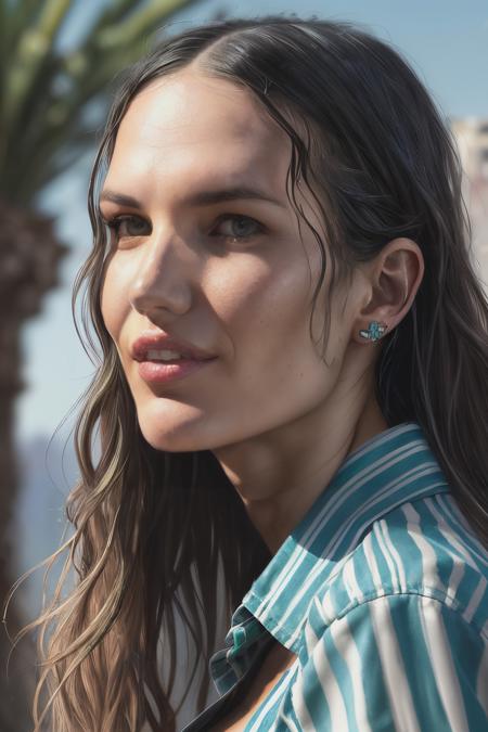 portrait photo of evaBarg1,(blue and green striped shirt),  alluring portrait, intricate, highly detailed, digital painting, artstation, concept art, naughty, sharp focus, cinematic lighting, illustration, art by artgerm and greg rutkowski, alphonse mucha, cgsociety