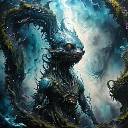 (masterpiece, best quality, ultra-detailed), a spiral shaped futuristic steampunk fantasy cyberpunk lightskyblue Shark man alien monstrosity thing, in a space forest city, swirling ink, dark background, ab0m, fenliexl, mixed media, surrealism, Faetastic, perfect composition, intricate detail, dark atmosphere