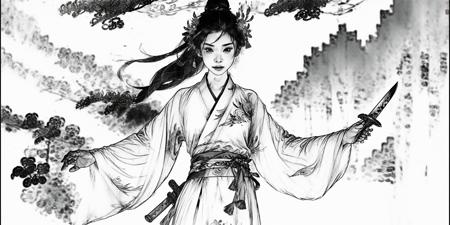 1girl ,  weapon, sword  ,stone,floating,  <lora:tangbohu_xia:1> hanfu,chinese painting,huaniao <lora:blackandwhite:1.1>