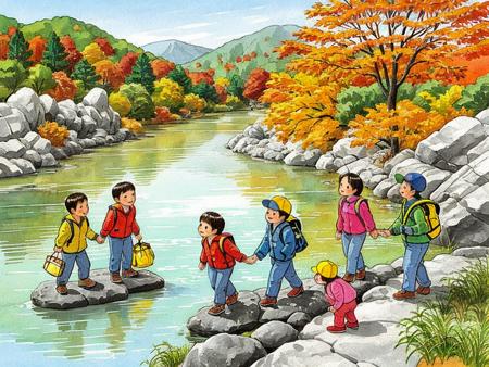 HEZI, children's illustration, childhood scenes, childlike innocence, retro illustration, rock, backpack, multiple boys, 1girl, hat, bag, autumn leaves, child, autumn, traditional media, outdoors, leaf, 3boys, pants, black hair, river, water, baseball cap, short hair, brown hair, maple leaf, 2boys, stone, smile, painting \(medium\), long sleeves, tree, shoes, female child, nature, randoseru, scenery, day, jacket, watercolor \(medium\), stream, holding hands<lora:å¦æå¯ä»¥ï¼è¯·ææçå¨ç«¥å¹´é-000014:0.65>