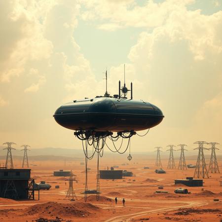 ultra high resolution, masterpiece, best quality, small featureless glossy black  spacecraft hovering low to the ground, underneath the spacecraft are cables hoses and wires, antennas on top, cables hanging from below, rectangular in shape, futuristic world, post apocalyptic landscape, ((low concrete buildings:1.3)) anti gravity, in the atmosphere, sky, clouds, ground visible, hovering, dry, ((dusty)), bleak landscape, parched, orange light, sunlight, square shapes, bleached colors, scattered destroyed industrial buildings, powerlines and towers