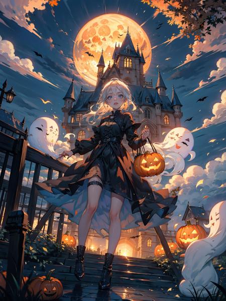 Halloween,pumpkins,ghosts,ghosts,1 boy,witches, castle, moon,<lora:ç«äº2:0.5>,