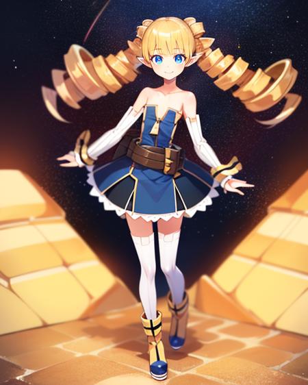 Archer, blond hair,drill hair,flat chest,pointy ears,blue eyes , standing,  smiling  close up, full body,
ArcDres,detached sleeves,bare shoulders, strapless dress,zipper,boots,belt ,white thighhighs,
brick road, outer space,  stars, 
(insanely detailed, beautiful detailed face, masterpiece, best quality)  <lora:Archer:0.8>