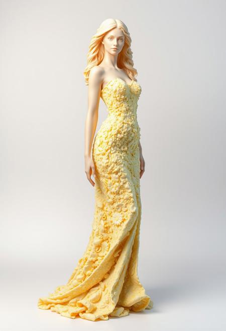 best quality, 4K,, 8k UHD, ultra-high resolution, ultra-high definition, highres, realistic, photorealistic, hyper realistic, highly intricate and detailed, absurd resolution BREAK, absurd res, 4K, gradient white-gray background, professional sculpture of a beautiful woman in a flowing long dress, made entirely of scrambled eggs. Both the dress and the woman are made entirely of scrambled eggs. Capture the texture and detail of scrambled eggs in her dress skin and hair. Scrambled egg dress, scrambled egg skin, scrambled egg hair,