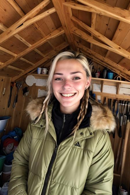 (high angle, closeup on face:1.2) photo of <lora:GeorgiaEllenwood_v3:.9> GeorgiaEllenwood,
smiling,
she is wearing  winter coat
,
she is wearing piercing,
her hair is styled as side braid,
BREAK she is (in the shed:1.1),
radiant god rays,
8mm fisheye lens
,