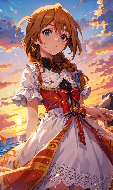 konomi baba \(million live\),1girl, solo, single braid,hair over shoulder, (best quality, 8K, masterpiece, ultra detailed:1.2), cinematic angle, ocean,
sunset, gredient sky, dappled sunlight, beautiful clouds, cityscape, lens flare, sparkle, light particles, wide shot, sunbeam, orange clouds, blurry background,
dress lift, wind, floating hair, print dress,