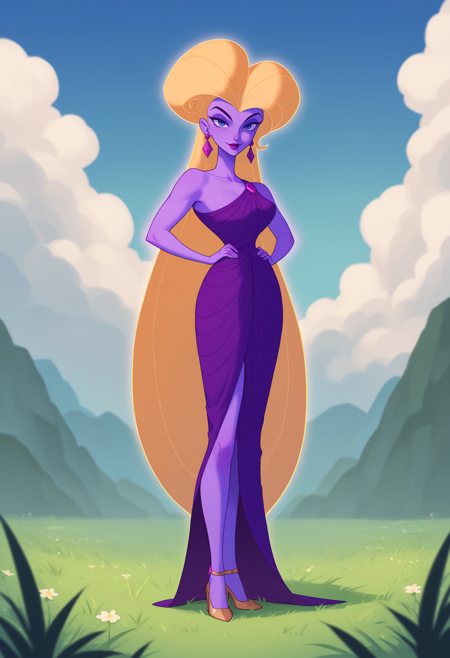 1girl, aphrodite, blonde hair, long hair, blue eyes, purple skin, colored skin, earrings, lipstick, makeup purple dress