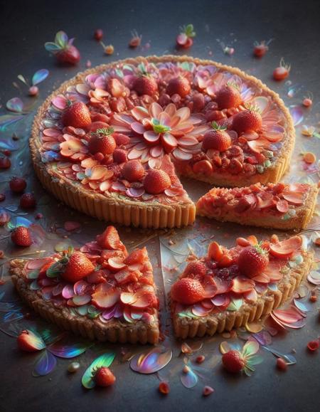 strawberry tart, p1nk1r1fl0wers, made out of iridescent flower petals, high quality, masterpiece <lora:PinkieIriFlwrsSDXL:1>