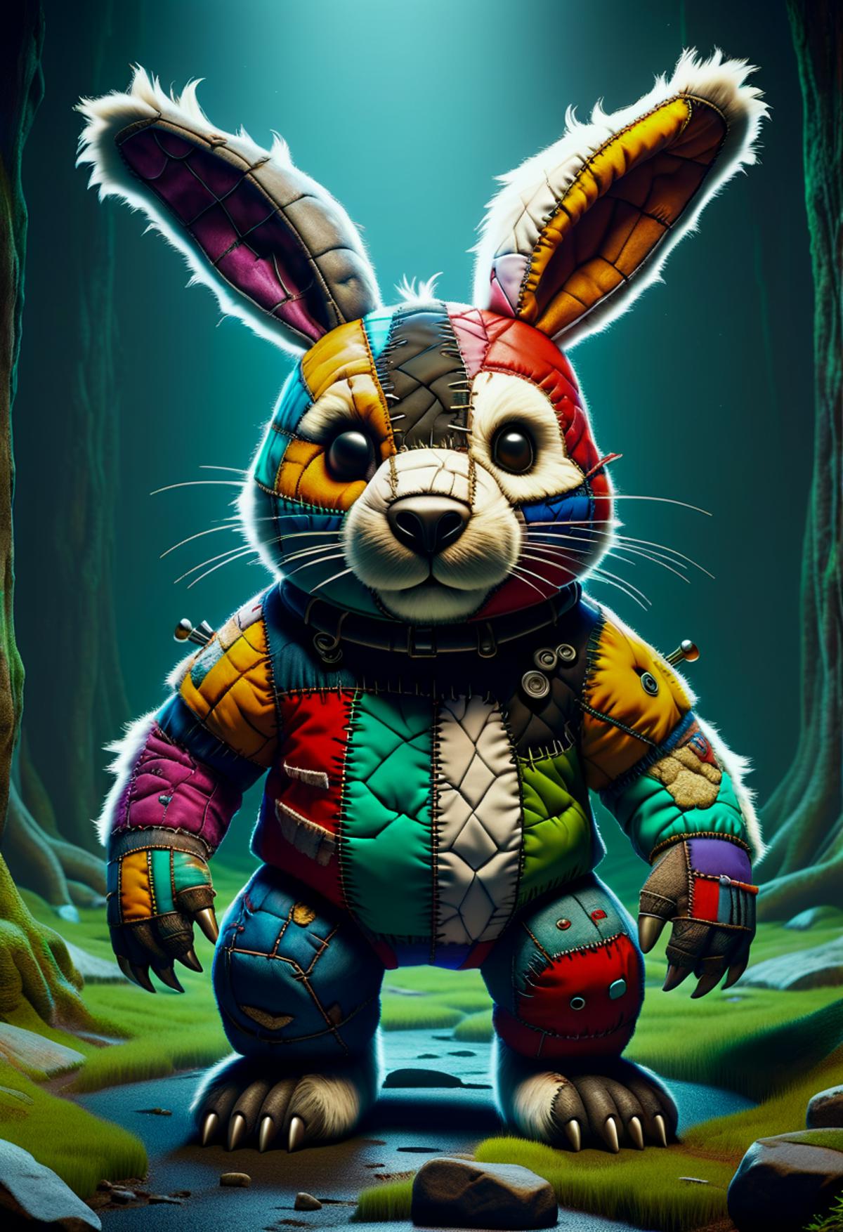 A colorful and quilted stuffed animal bunny with a jacket.