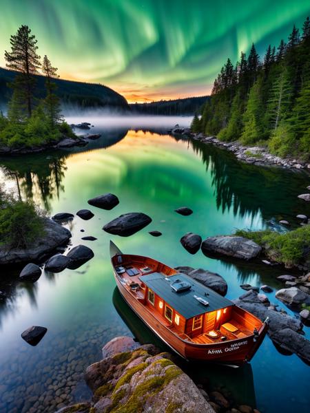 award winning picture of a 3cabin in the forest, surrounded by water, aurora in the sky, sunset, fog, boat parked in at the pier, (high detailed Scene:1.2), 8k uhd, dslr, high quality, Fujifilm XT3, full focus background<lora:murkysAfterSexLying_1:1.0>