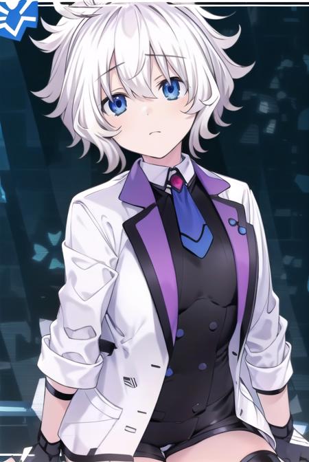 reedio, bangs, blue eyes, hair ornament, hair between eyes, ponytail, white hair, short hair, shirt, thighhighs, gloves, long sleeves, jacket, open clothes, necktie, shoes, shorts, collared shirt, white gloves, black footwear, vest, white thighhighs, open jacket, black shirt, short shorts, white jacket, white shorts,